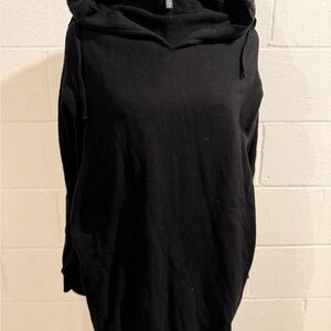 Victoria’s Secret long black cotton terry tunic sweater with black sequin hood.